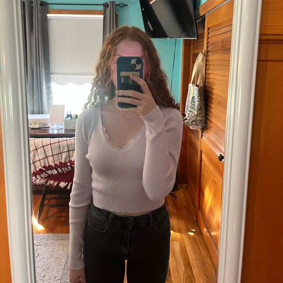 Pacsun Lilac Sweater Long-Sleeve Top w/ Lace Neckline - Picture 2 of 5